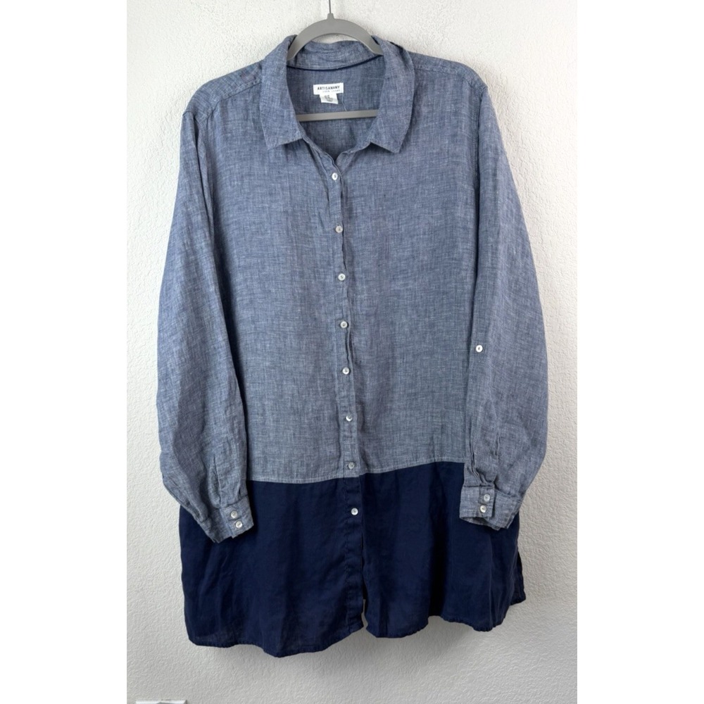 Artisan NY 100% Linen Colorblock Tunic Shirt 2X Blue Navy Lagenlook Coastal